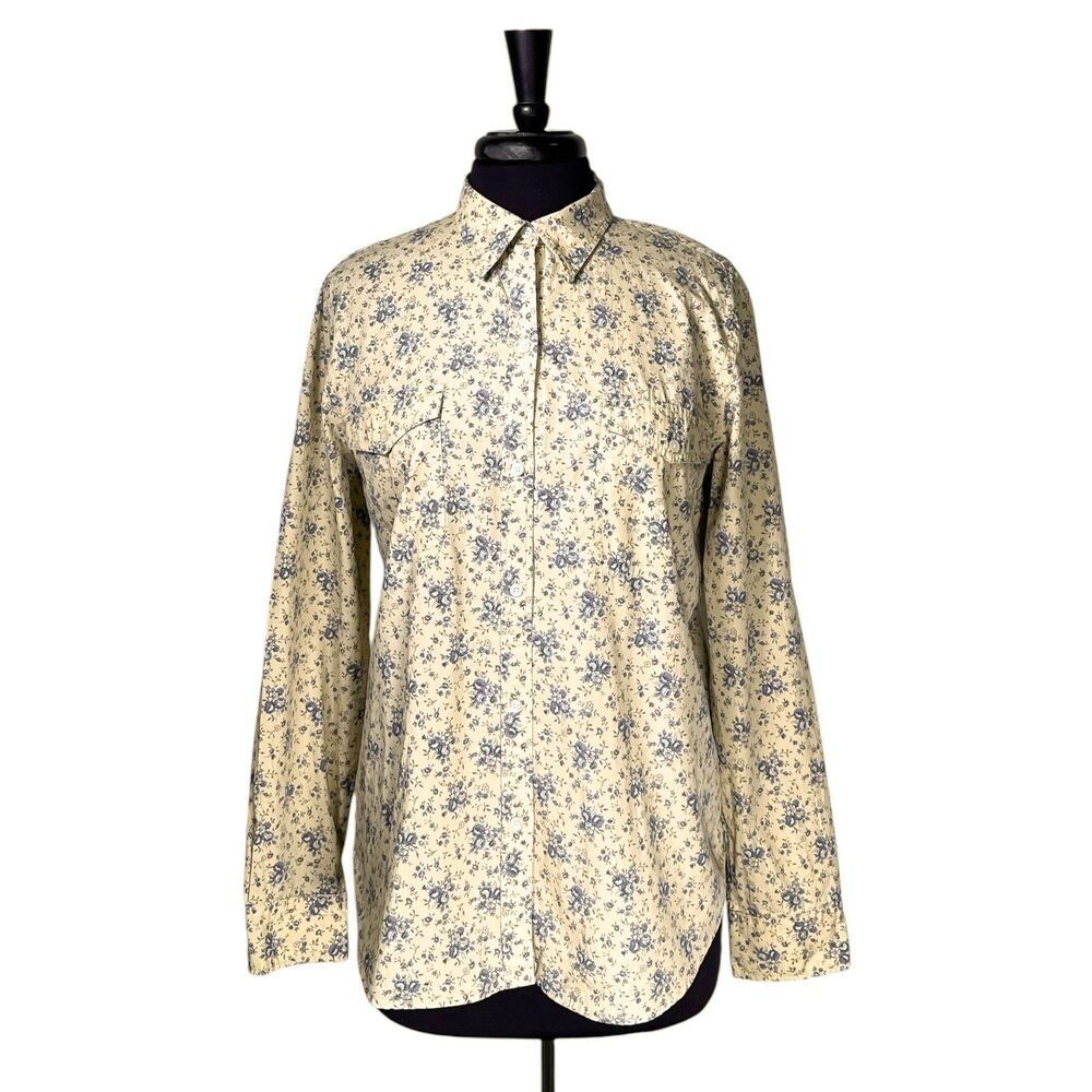 Vintage Chaps Denim Ralph Lauren XL Floral Button Shirt Yellow Blue Cotton 90s